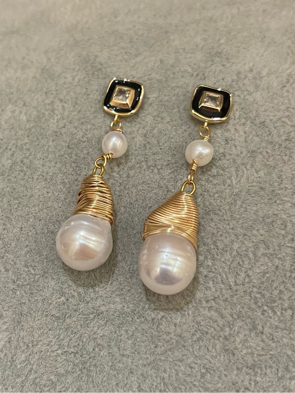 Gold Wire-Wrapped Baroque Pearl Drop Earrings - 925 silver posts 50